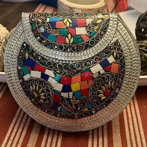 Ramla Handmade Metal Bag With Mosaic Stones - Red & Silver - New Unique